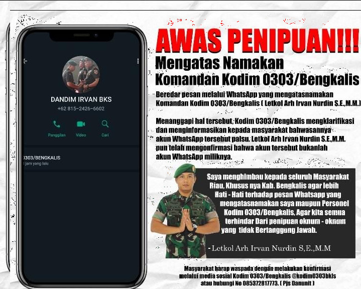 Penipuan Modus Mencatut Nama Dandim Bengkalis Via Whatsapp