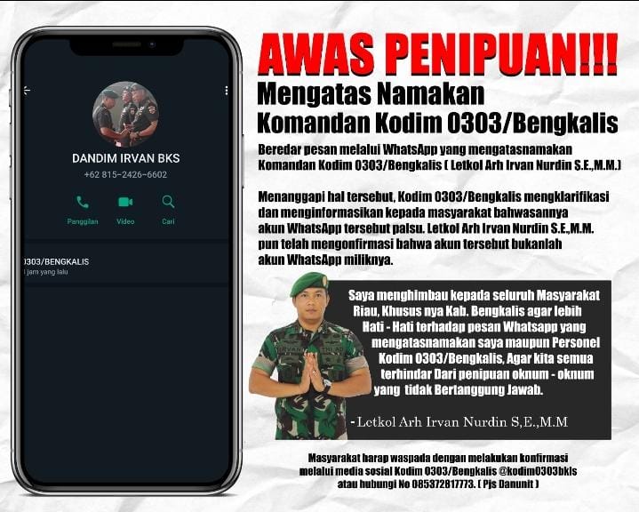 Penipuan Modus Mencatut Nama Dandim Bengkalis Via WhatsApp 