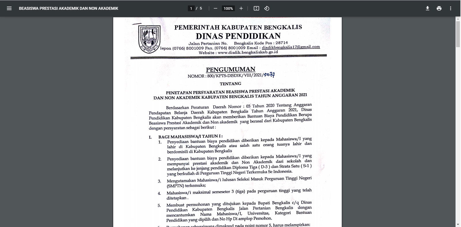 Pengumuman Penerimaan Beasiswa Disdik Bengkalis, Batas Akhir 24 September 2021