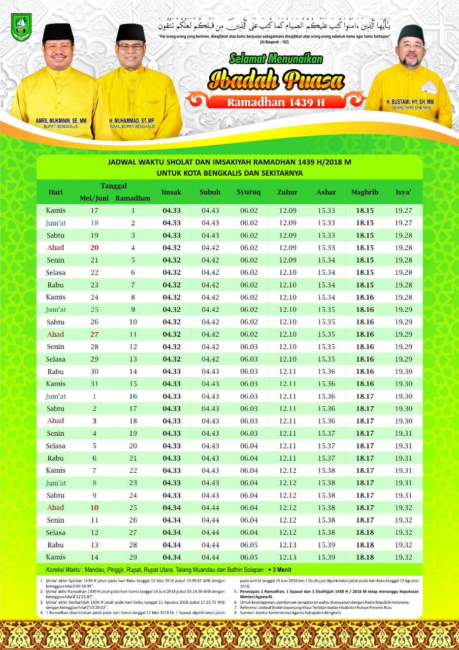 Jadwal Waktu Sholat dan Imsakiyah Ramadhan 1439 H/2018 M 