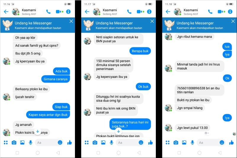 Screenshot percakapan Kasmarni palsu melalui layanan messenger untuk melakukan penipuan.